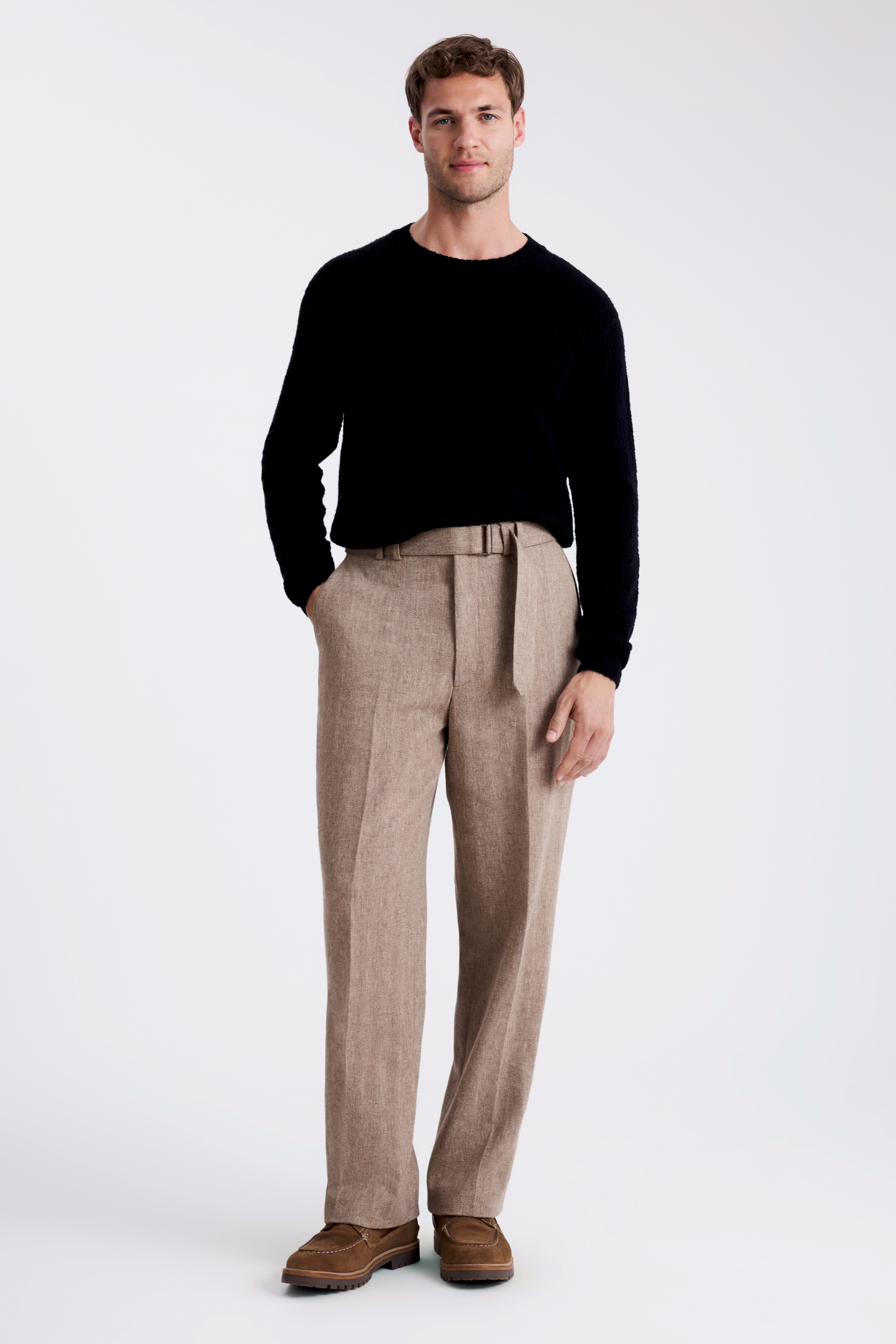 Brown Herringbone Self Belt Trousers